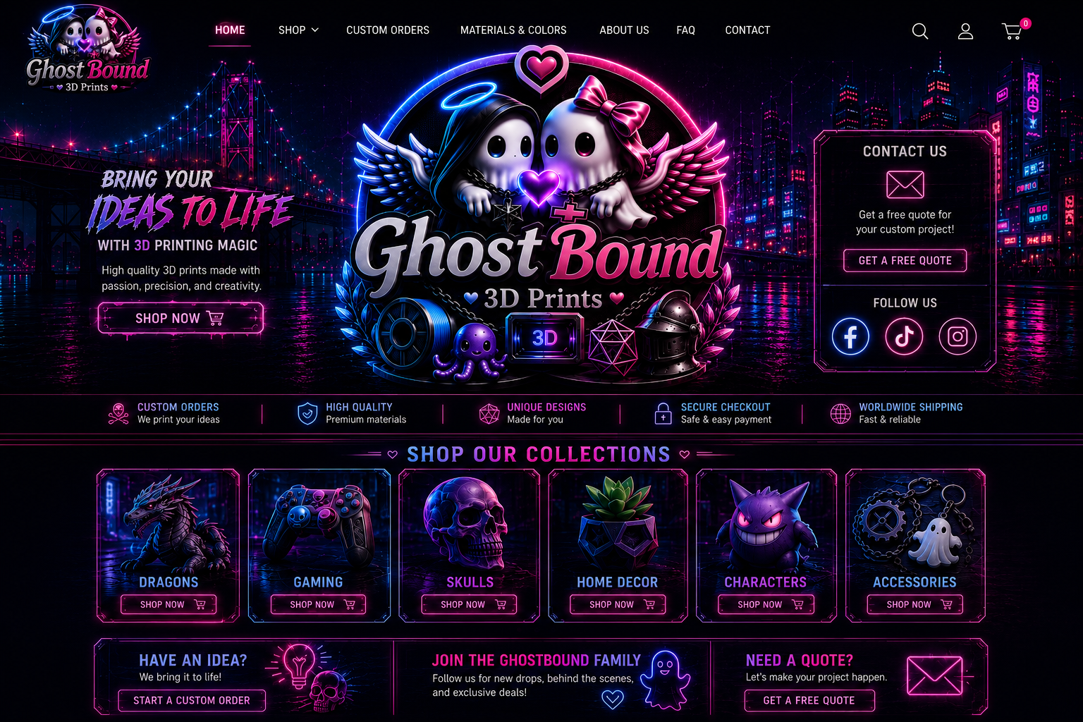 GhostBound 3D Prints cyberpunk homepage design